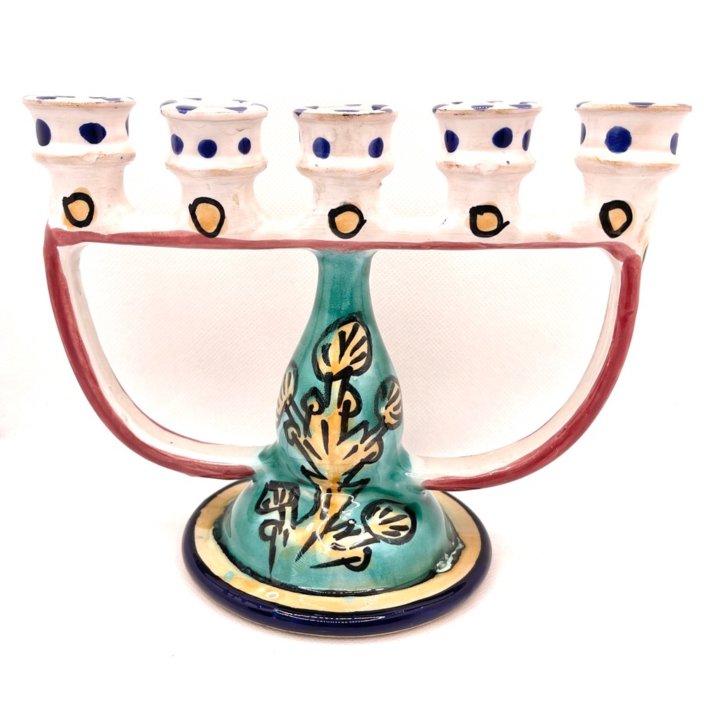 Vintage Tunisian Ceramic Candelabra: Hand-Painted Jewish Folk Art